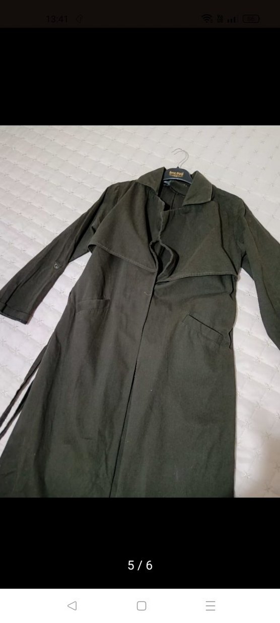 Kadın Koyu Hâki yeşil Keten Kuşaklı Uzun Trençkot - Görsel 5