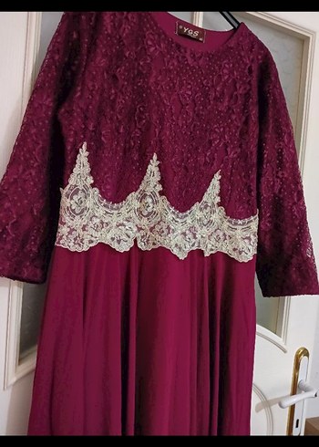 Bordo Dantel Detaylı Uzun Abiye Elbise - Görsel 7