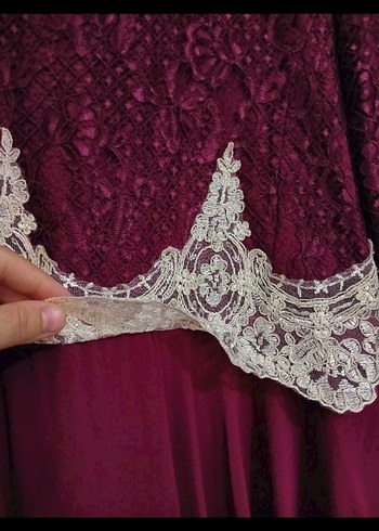 Bordo Dantel Detaylı Uzun Abiye Elbise - Görsel 6