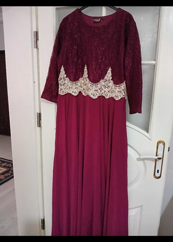 Bordo Dantel Detaylı Uzun Abiye Elbise - Görsel 8