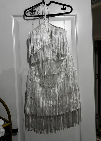 Beyaz Püsküllü Mini Straplez Elbise - Görsel 6