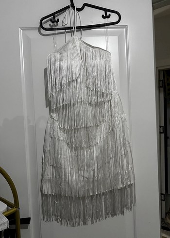 Beyaz Püsküllü Mini Straplez Elbise - Görsel 5