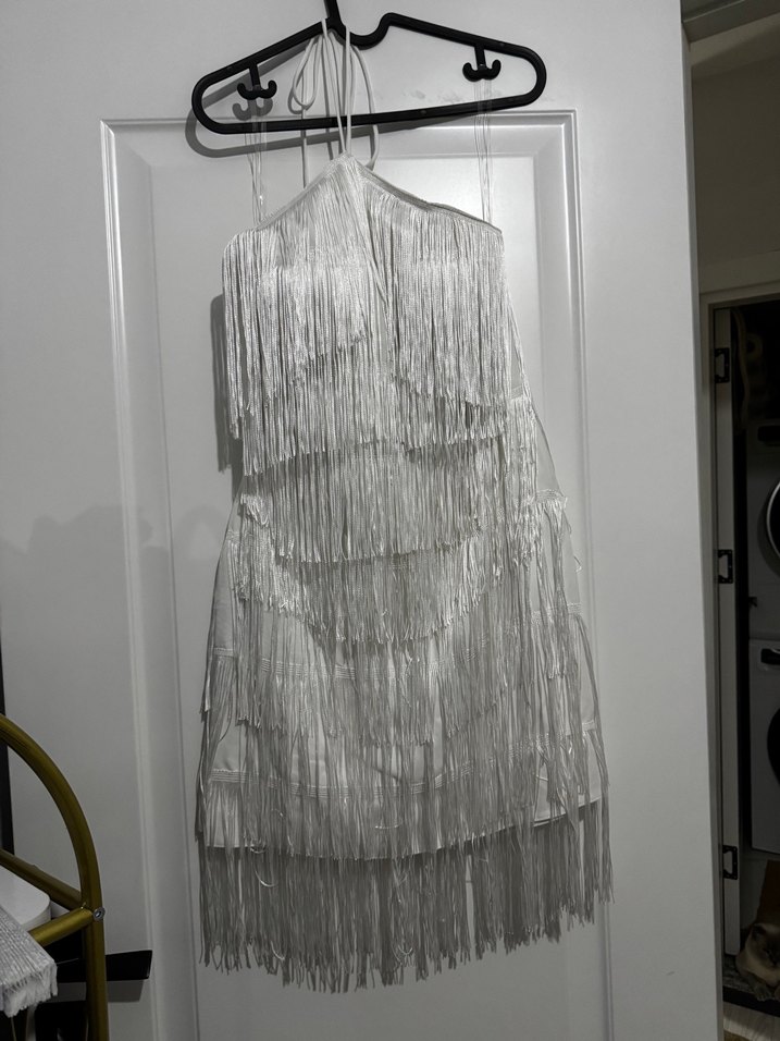 Beyaz Püsküllü Mini Straplez Elbise - Görsel 5