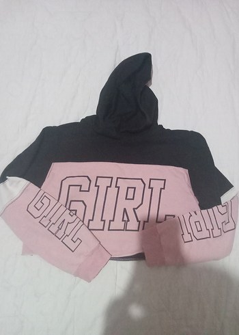 Kapüşonlu, Uzun Kollu, Pembe Baskılı Crop Sweatshirt