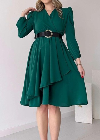 Kemerli Mini Yeşil V Yaka Elbise - Görsel 2