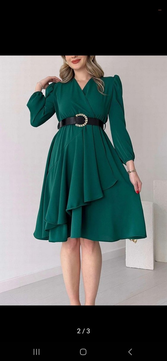 Kemerli Mini Yeşil V Yaka Elbise - Görsel 2