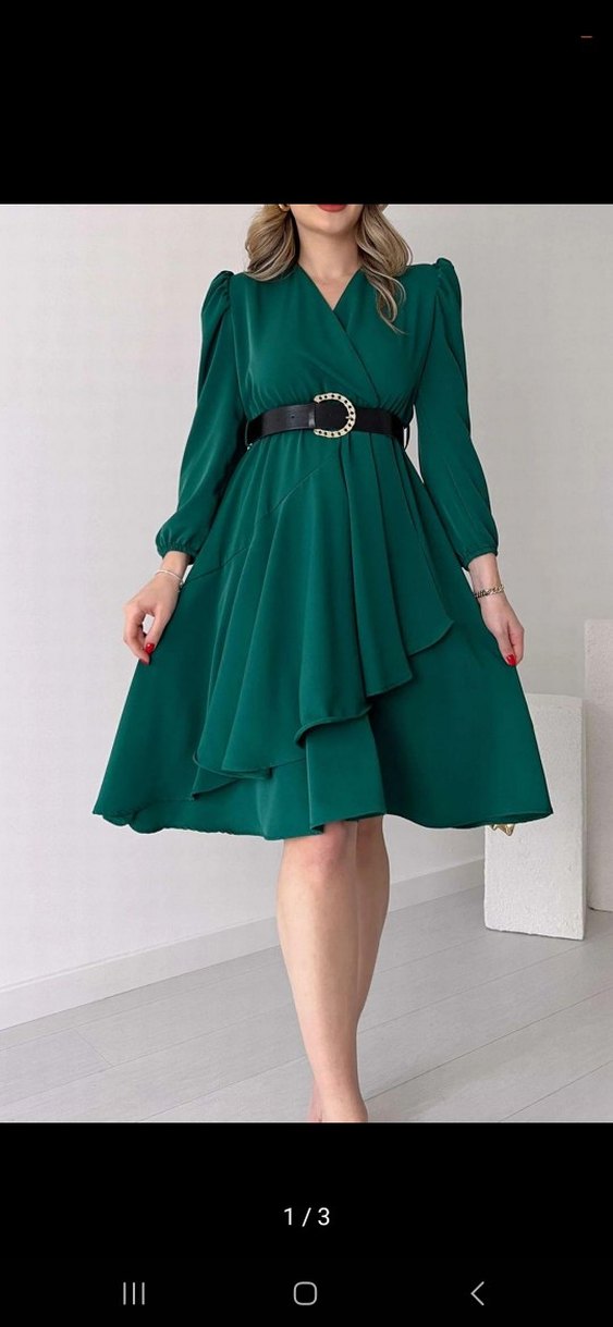 Kemerli Mini Yeşil V Yaka Elbise - Görsel 3