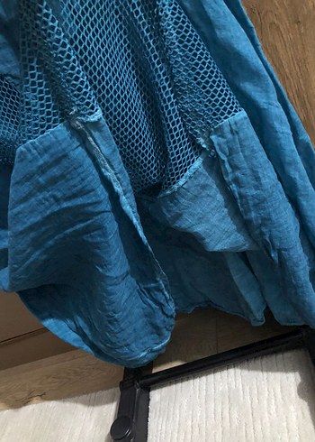 Nakışlı V Yaka Turkuaz Keten Uzun Elbise - Görsel 3