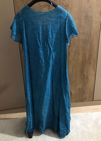 Nakışlı V Yaka Turkuaz Keten Uzun Elbise - Görsel 2