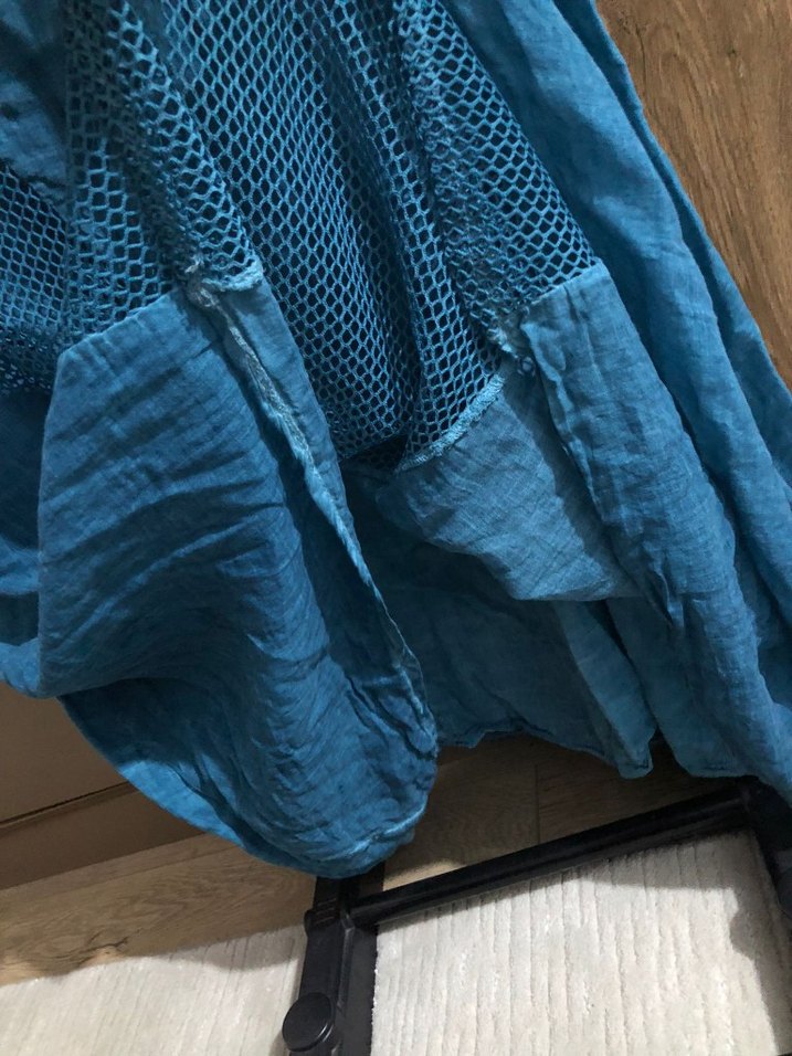 Nakışlı V Yaka Turkuaz Keten Uzun Elbise - Görsel 3