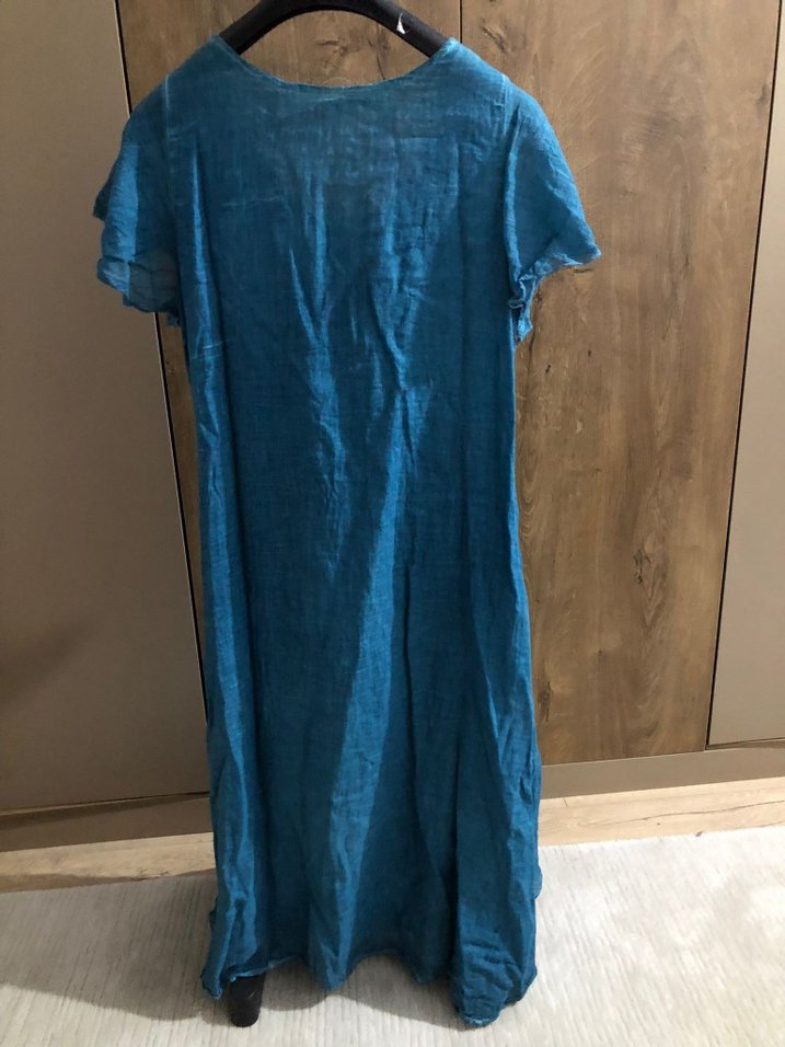 Nakışlı V Yaka Turkuaz Keten Uzun Elbise - Görsel 2