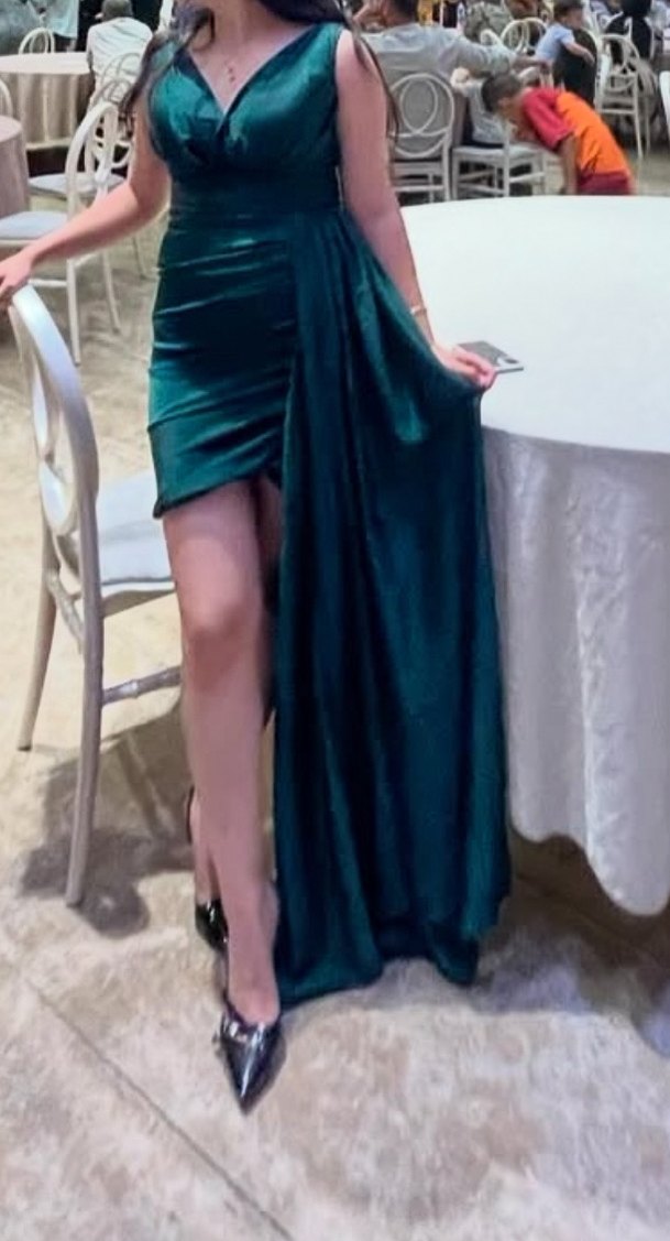 Uzun Turkuaz Drapeli Straplez Abiye Elbise - Görsel 3