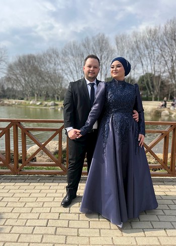 Lacivert Uzun Kollu Drapeli Tesettür Abiye