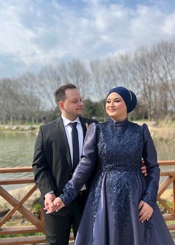 42 Beden Lacivert Uzun Kollu Drapeli Tesettür Abiye
