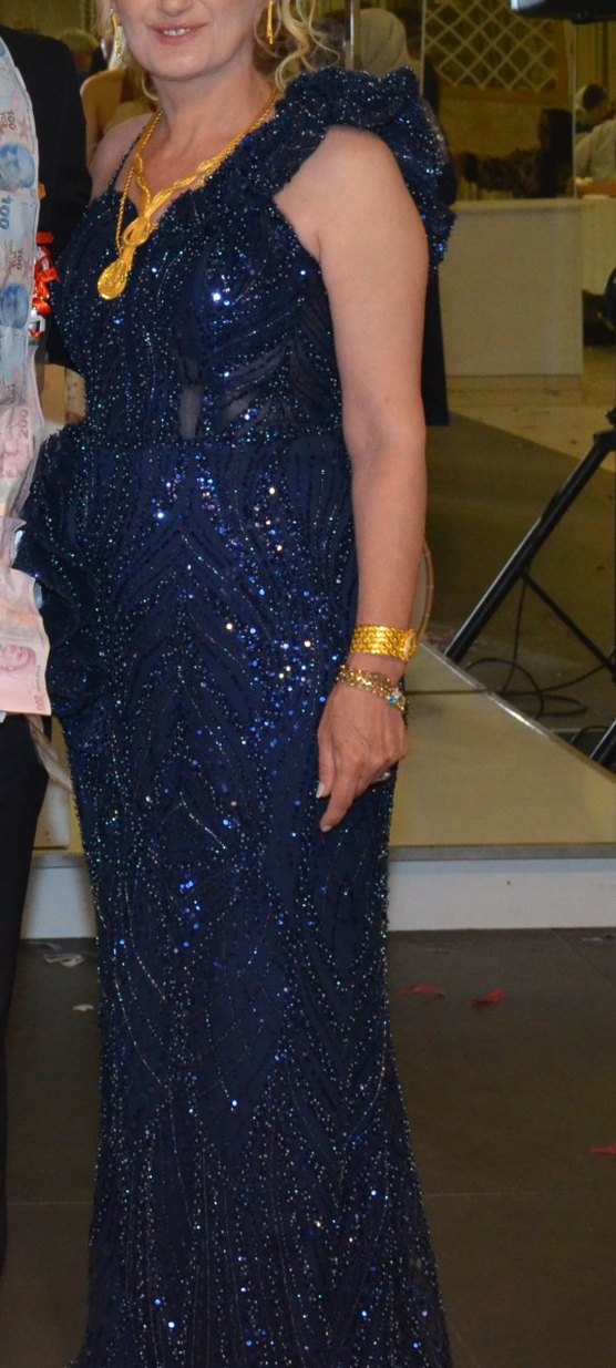 Drapeli Lacivert Uzun Abiye Elbise - Görsel 3