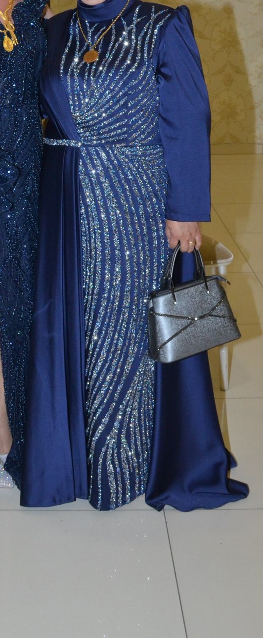 lacivert Uzun tesettür Abiye Elbise - Görsel 3