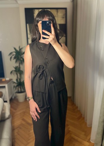 m Beden kahverengi Renk Asimetrik yelekli Midi Takım