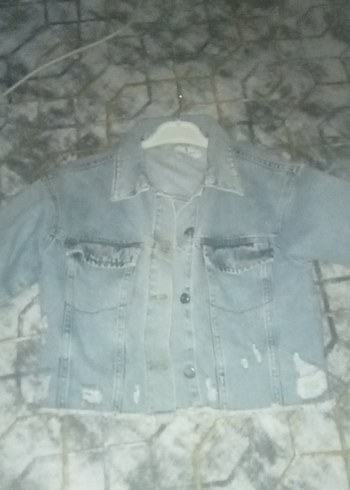 26 Beden Gri Kadın Denim Ceket, Düğmeli, Sokak Stili