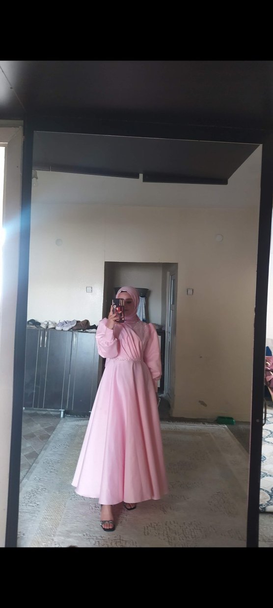 Pembe Uzun Kollu Drapeli Abiye Elbise - Görsel 3