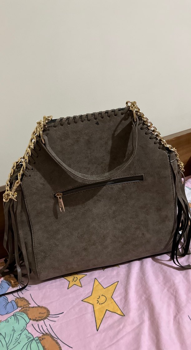 Püsküllü Gri Süet Bohem Kadın Çanta - Görsel 2