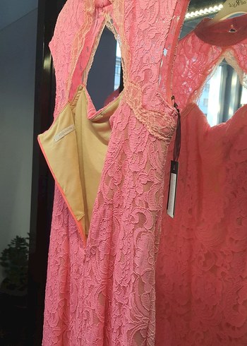 Pembe Dantel Yüksek Yakalı Midi Elbise - Görsel 6