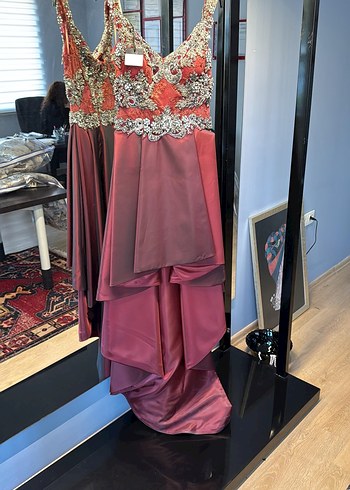 Bordo Straplez Abiye Elbise - Görsel 6