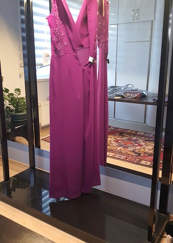 Mor Drapeli Uzun Abiye Tulum - Görsel 3