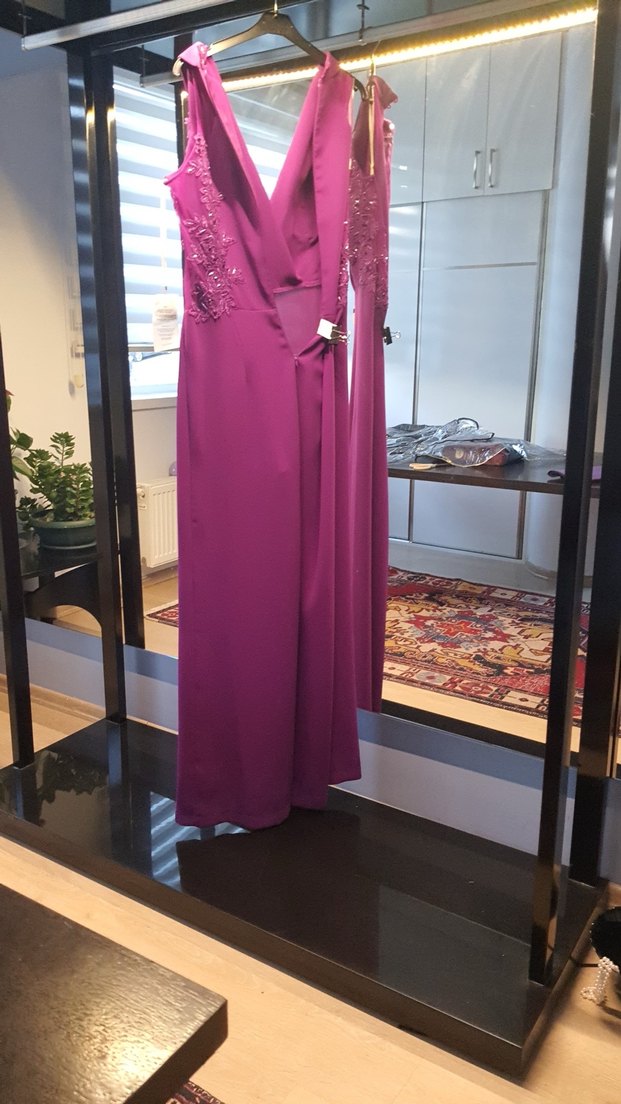 Mor Drapeli Uzun Abiye Tulum - Görsel 3