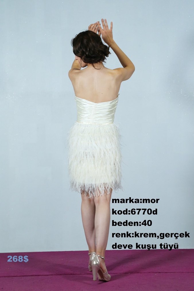 Straplez Mini Abiye Deve Tüyü Detaylı - Görsel 2