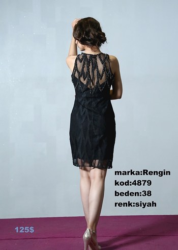 Siyah Dantel Detaylı V Yaka Midi Kokteyl Elbisesi - Görsel 2