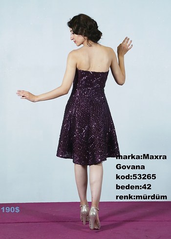 Mürdüm Straplez Parlak Midi Abiye Elbise - Görsel 2