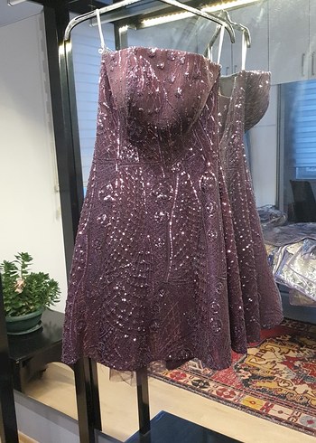 Mürdüm Straplez Parlak Midi Abiye Elbise - Görsel 3