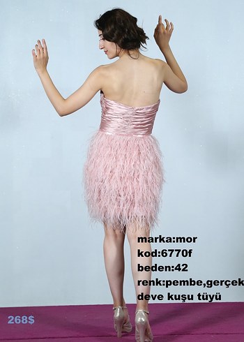 Pembe Mini Straplez Deve Tüyü Detaylı Elbise - Görsel 2