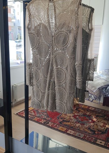 Boncuk İşlemeli Gri Mini Abiye Elbise - Görsel 8