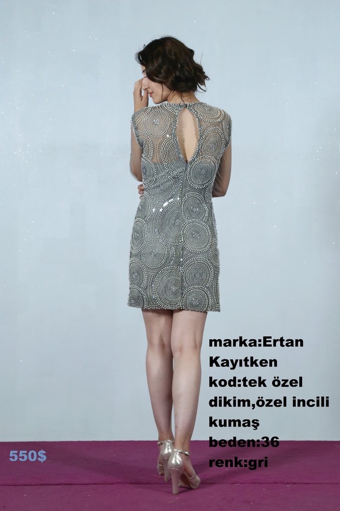 Boncuk İşlemeli Gri Mini Abiye Elbise - Görsel 2