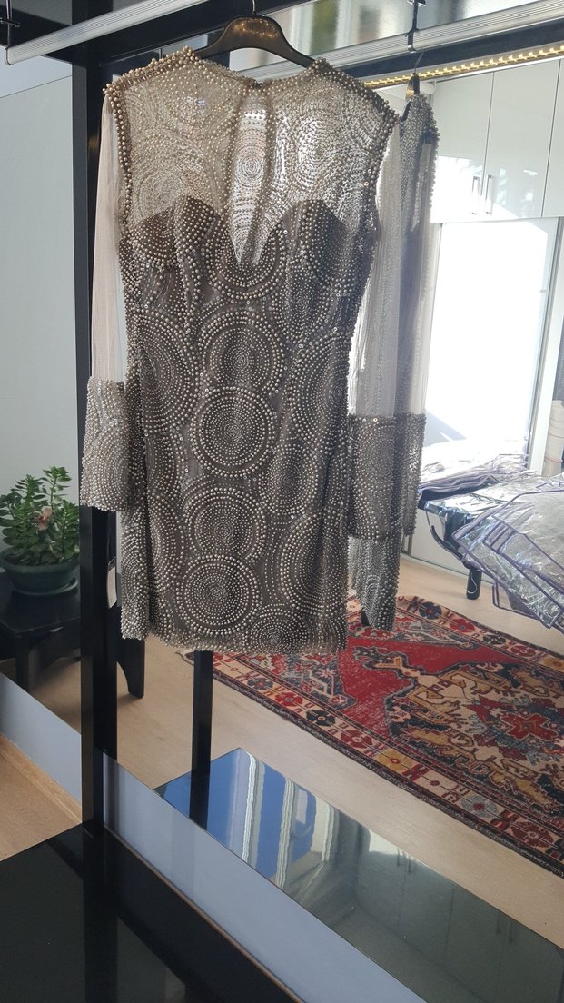 Boncuk İşlemeli Gri Mini Abiye Elbise - Görsel 3