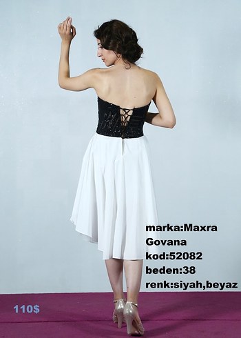 Maxra Govana Siyah Beyaz Straplez Mini Abiye - Görsel 2