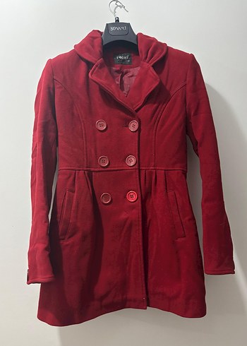 Koyu Kırmızı Kadın Düğmeli Kaban - Görsel 3