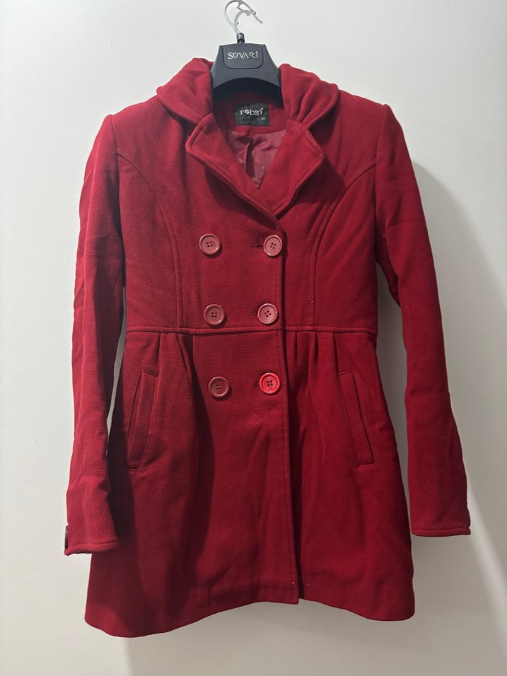 Koyu Kırmızı Kadın Düğmeli Kaban - Görsel 3