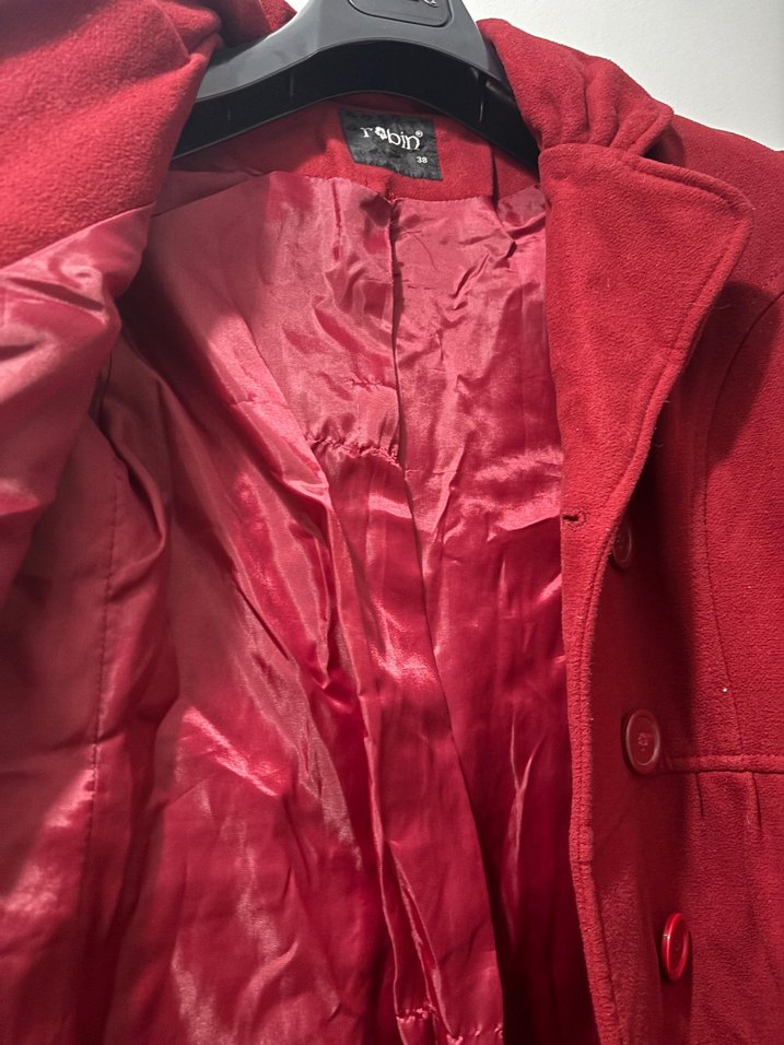 Koyu Kırmızı Kadın Düğmeli Kaban - Görsel 5