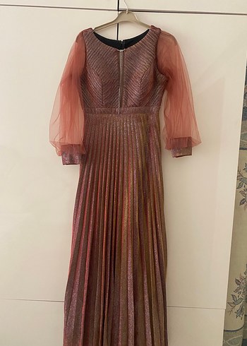 Parlak Altın Uzun Kollu bisiklet Yaka Abiye Elbise - Görsel 4