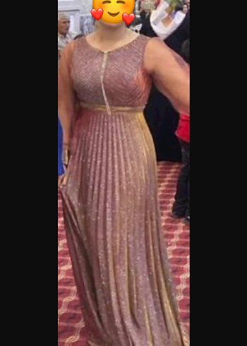 Parlak Altın Uzun Kollu bisiklet Yaka Abiye Elbise - Görsel 3