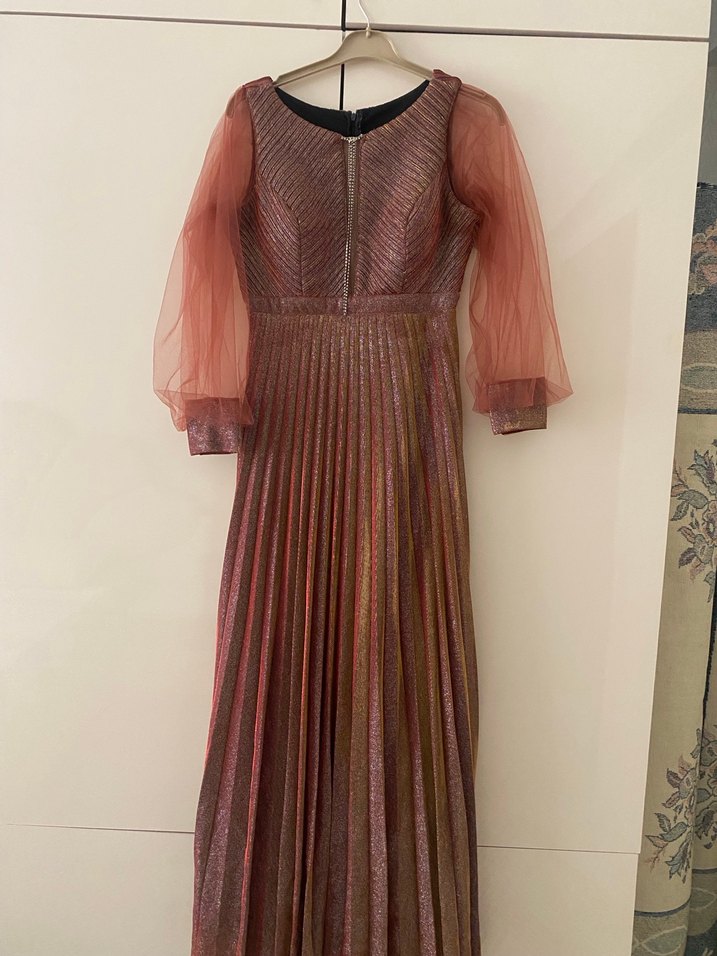 Parlak Altın Uzun Kollu bisiklet Yaka Abiye Elbise - Görsel 4