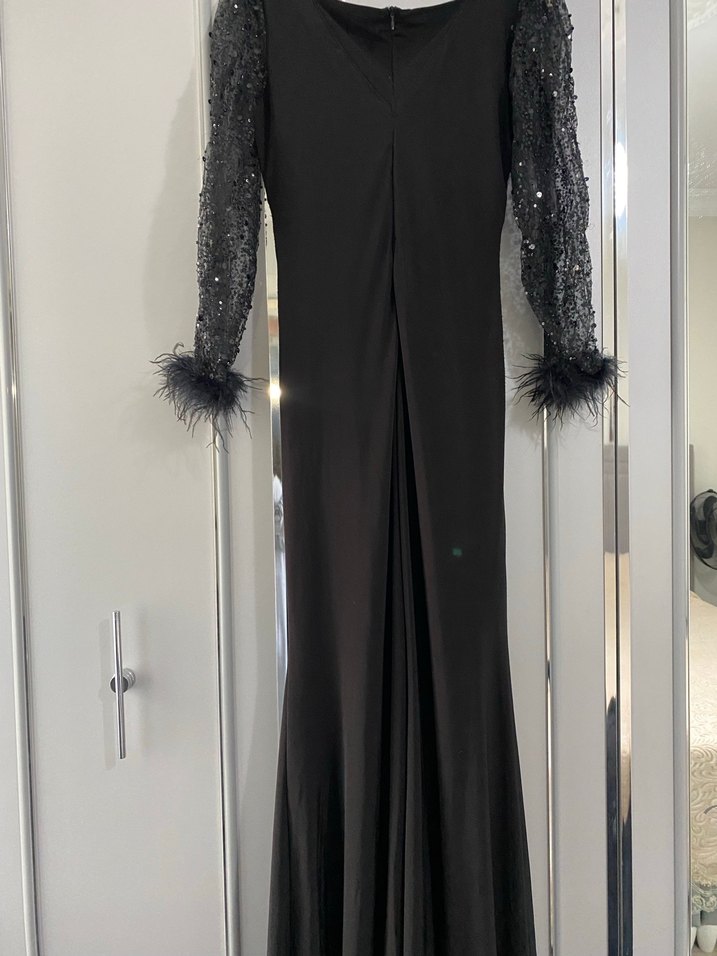 Siyah V Yaka Uzun Kollu Gotik Abiye Elbise - Görsel 4