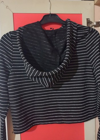 Çizgili Siyah Simli Mini Yüksek Yaka Kapusonlu Kadın Kazak - Görsel 2