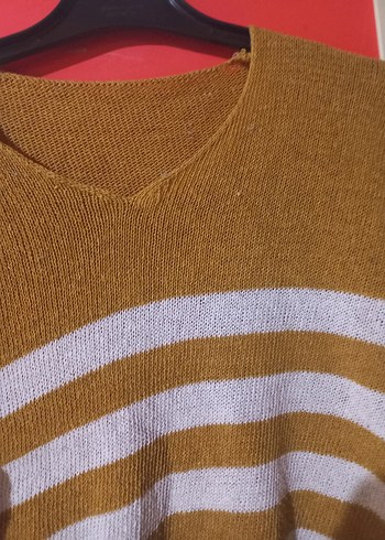 Beyaz Çizgili Hardal SarısıTriko Kadın Kazak - Görsel 2