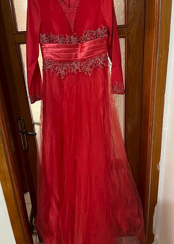 Klasik Kırmızı Uzun Kollu İşlemeli Abiye Elbise - Görsel 8