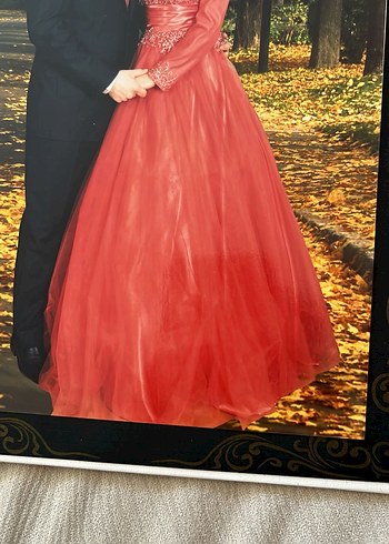 Klasik Kırmızı Uzun Kollu İşlemeli Abiye Elbise - Görsel 7