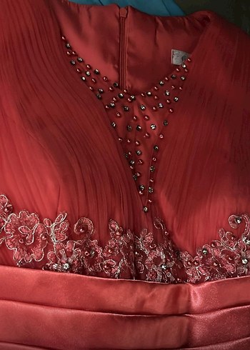 Klasik Kırmızı Uzun Kollu İşlemeli Abiye Elbise - Görsel 9