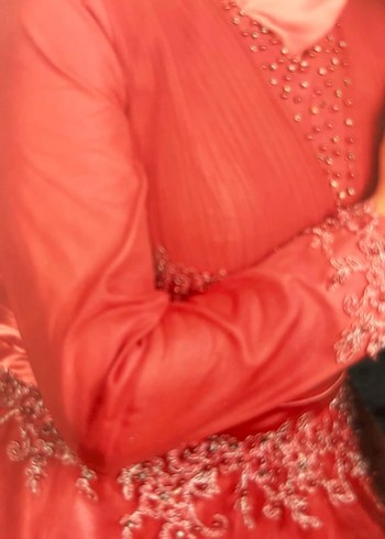 Klasik Kırmızı Uzun Kollu İşlemeli Abiye Elbise - Görsel 5